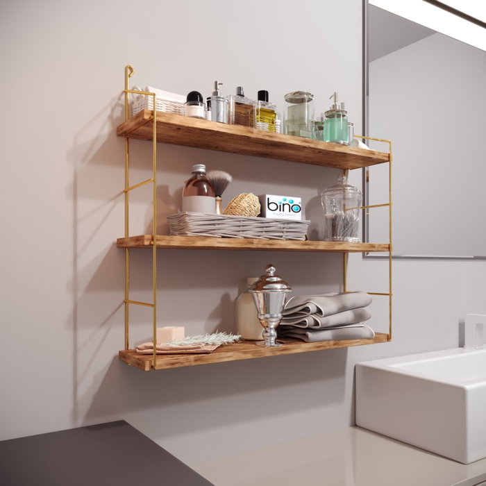 Hanah Home Estantería de Pared de 3 Niveles en Madera Maciza, Dorado y Marrón Hanah Home Estantería de Pared de 3 Niveles en Madera Maciza, Dorado y Marrón